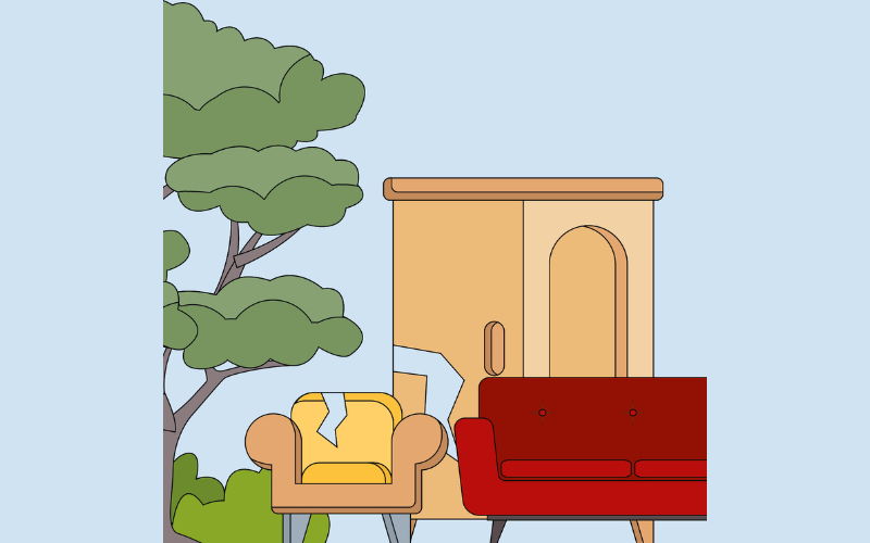 Sperrmüll Ein Mann und eine Frau sitzen auf dem Sofa und halten sich die Ohren zu