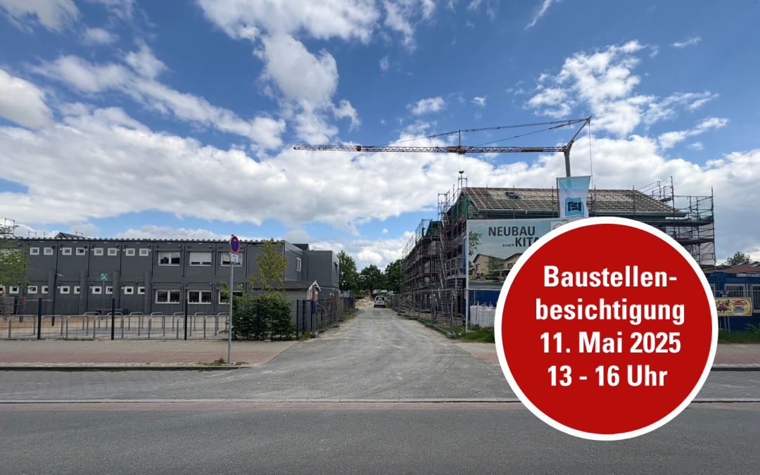 Baustellenauffahrt in der Mitte, links eine Mobilbauschule, auf dem Bild ein roter Kreis mit dem Hinweis für eine Baustellenbesichtigung